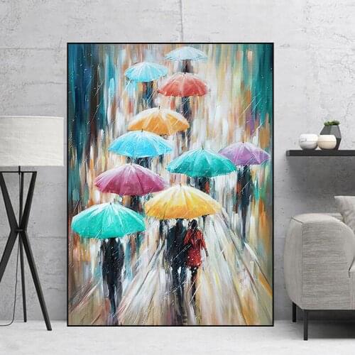 Oil Painting on Canvas Print Abstract People in the Rain With Colorful Umbrella Wall Art Poster Modern Living Room Decor Picture