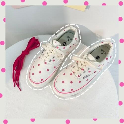 Classic White Pink Wave Dot Women Canvas Shoes Casual Japanese Low-top Street Platform Walking Flats Ladies Vulcanized Sneakers