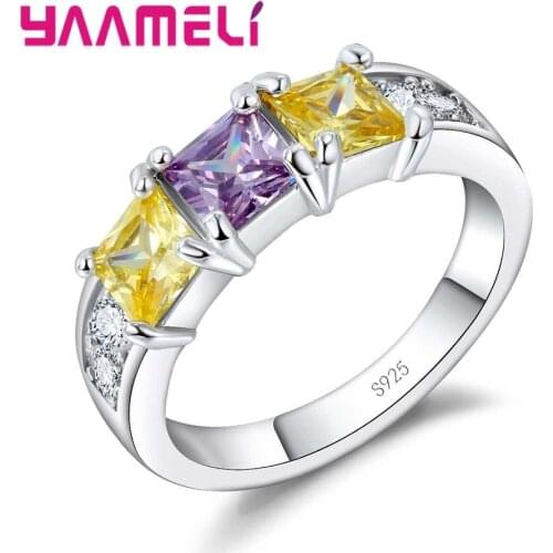 Simple And Elegant Yellow Purple Square Crystal Stone Ring Wedding Ceremony Jewelry 925 Sterling Silver For Women Gift