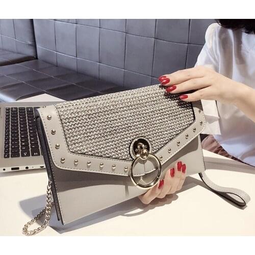 Korean Fashion Women Clutch Hand Bag Chains Female PU Leather Handbag Crossbody Bags Party Daily Clutch Shoulder Purse Ring Lock