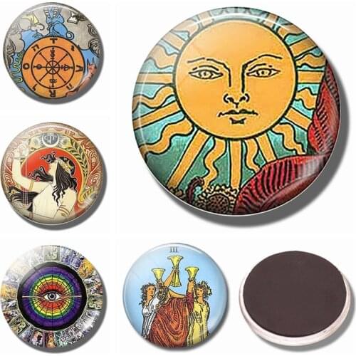 Mystic Tarot 30MM Magnet Fridge Glass Tarot Three of Cups Sun Wheel of Fate Refrigerator Magnets Magnetic Stickers Ornaments