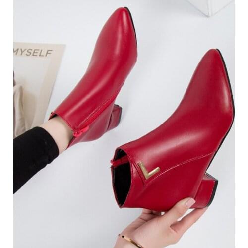Fashion Women Boots Casual Leather Low High Heels Spring Shoes Woman Pointed Toe Rubber Ankle Boots Red Zapatos Mujer size 35-42