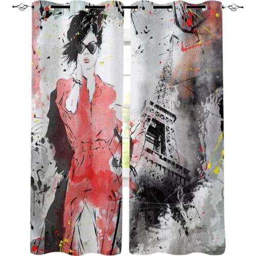 Fashion Woman Tourist Paris Tower Retro Window Treatments Curtains Valance Room Curtains Large Window Bedroom Decor Kids Curtain