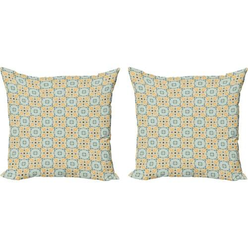 Mosaic Flourish Pillow Cushion Cover Pack of 2 Folk Dutch Floral Ornaments Zippered Double-Sided Accent for Living Room