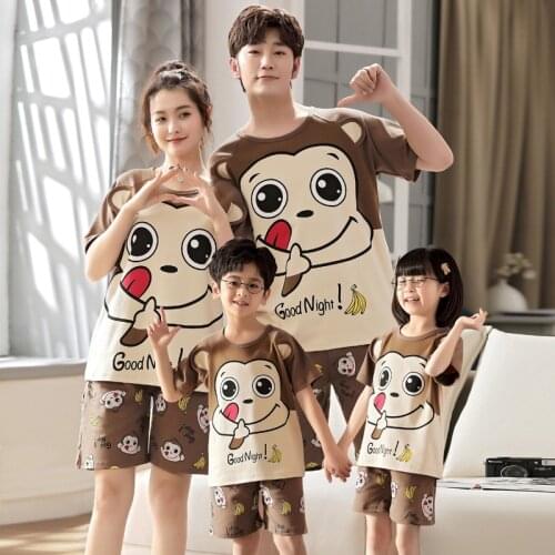 Szie 8-4XL New Parent-Child Pajamas Set Summer Short Sleeves Pure Cotton For Boys Girls Women Men Cute Cartoon Home Wear Casual