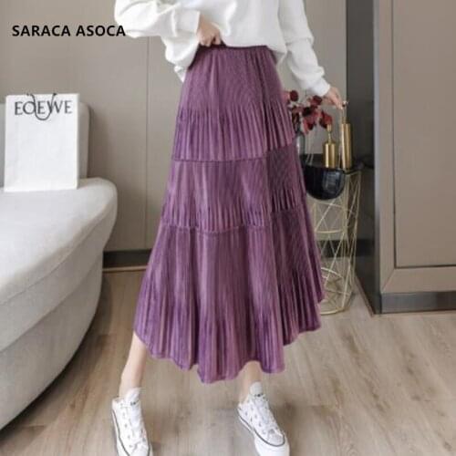 New Style Atumn Winter Fashion Elastic Waist Pleated Bust Women Golden Velvet Fabric Splice Mid-calf Long Skirt Lady