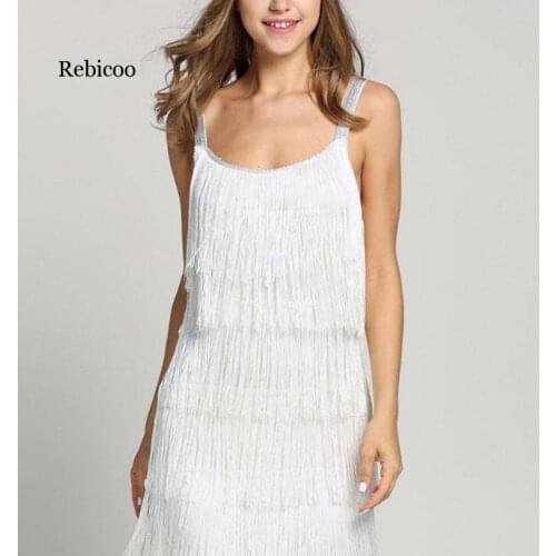 Tassel Dress Women Sexy Summer Flapper Beach Dress Strap Low Cut Black Silver White Short Fringe Party Dresses A-005