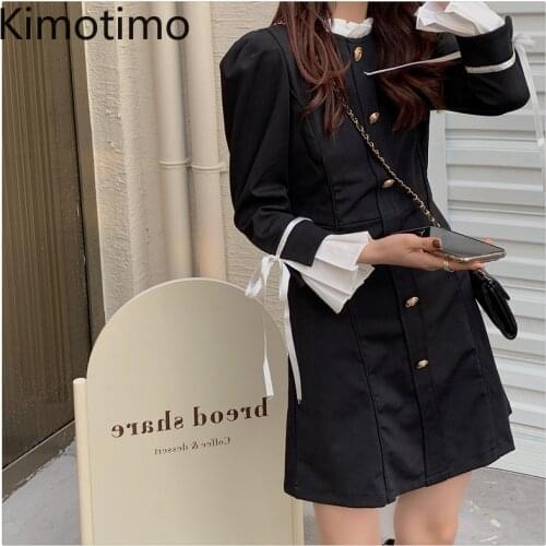 Kimotimo Woman Dress 2021 Autumn Patchwork Design Petal Collar Sweet Waist Mini A-Line Dresses Long Sleeve Korean Fashion Femme