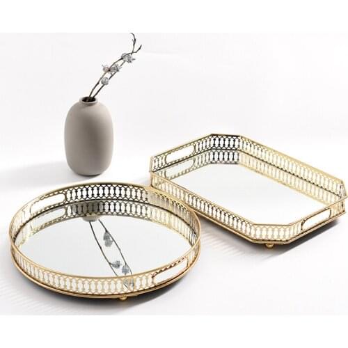 Nordic Home Ins Popular Gold Inlay Glass Mirror Tray Decorative Jewelry Tray Sundries Storage Plate Trinket Display Tray