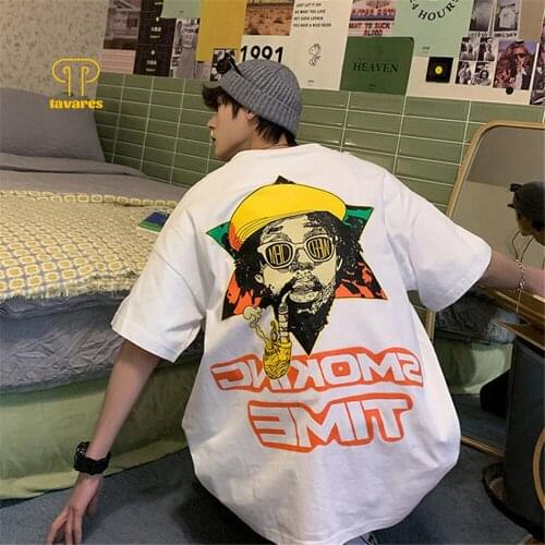 TAVARES Men Short Sleeve All-match hip-hop top Summer Round neck Casual Cotton T-shirt Breathable Loose Clothes