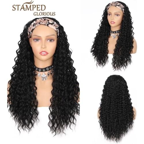 Stamped Glorious 24inches Synthetic Headband Wigs for Black Women Easy Install Heat Resistant Fiber Deep Wave Long Headband Wig