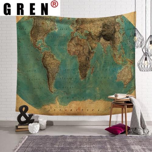 GREN Tapestry Retro World Map Wall Rugs Wall Hanging Fabric Mural Background Cloth Towel Beach Fabric Blanket Dorm Living Decor