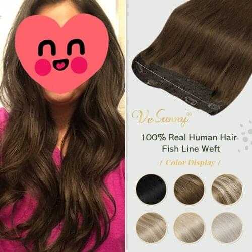 VeSunny Halo Human Hair Extensions Invisible Hidden String Hair Extensions Wire Weft with 2 Clips Machine made Remy Double Weft