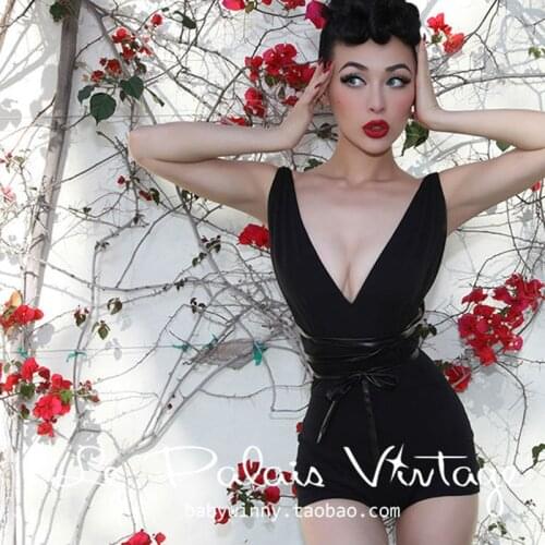 FREE SHIPPING Le Palais Vintage Retro elegant and sexy all-match black low cut Halter tied Siamese bodycon jumpsuits