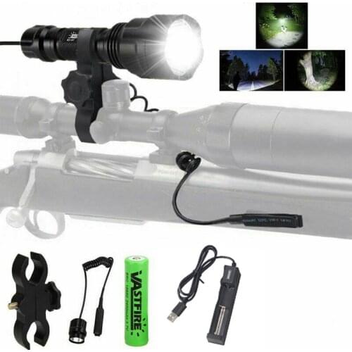 VASTFIRE C8 Tactical 4000LMs Hunting Flashlight White LED Weapon Pistol Light+Rifle Gun Rail Mount+18650+Pressure Switch+Charger