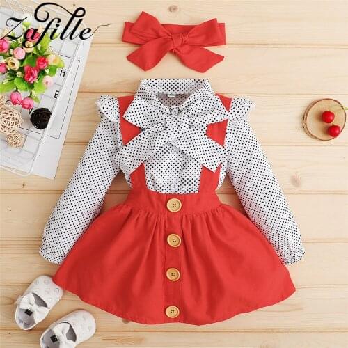 ZAFILLE Toddler Kids Baby Dress Polka Dot Bow Top T-shirt+Suspender Skirts+Headband Outfit Childrens Clothing Girls Dress Set
