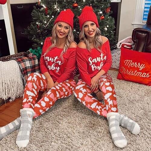Women Christmas Pajamas Sets Letter Printed Long Sleeve Shirt + Cartoon Printed Pant Sleepwear Homewear Sets 2020 New Clothes