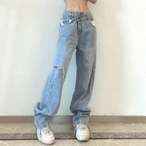 Women Wide Leg Jeans High Waist Baggy Trousers Casual Loose Ripped Distressed Denim Pants Y2K Streetwear 2021