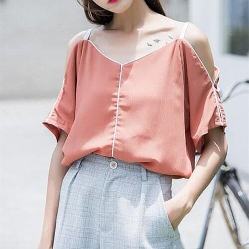 Women Summer Beach Style Short Blouses Shirts Lady Girls Casual Short Sleeve Off Shoulder Straped Blusas Tops DD2571
