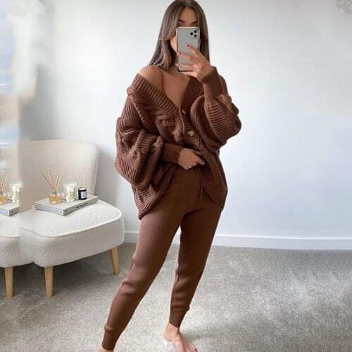 V Neck Sweaters and Pants Two Piece Set Women 2021 Fall Winter Fashin Loose Solid Color Knitted Suit Lugentolo