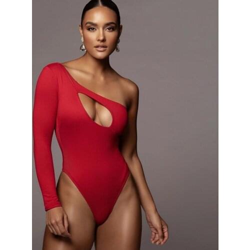 2021 Autumn Slim Sexy Hollow Out Women Bodysuit Long Sleeve Winter Casual Bodycon Solid One Shoulder Body Tops Party Female