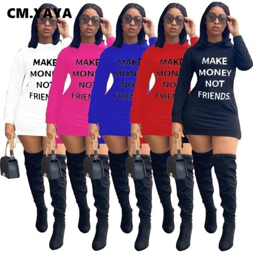 CM.YAYA Autumn Winter Make Money Not Friends Letter Print Womens Dress Long Sleeve Sweatshirts Activewear Hoodies Dresses