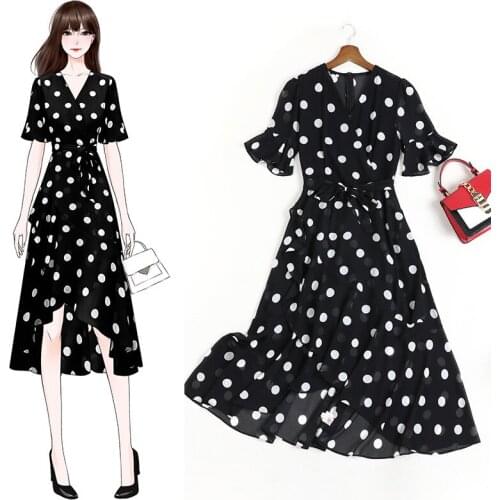 4XL 5XL summer dress 2020 women vintage white dots black plus size dresses flare sleeve chiffon dress JC48