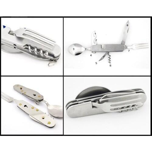 50pcs Multi Tool 8 in 1 stainless steel Outdoor Camping Hiking Folding Spoon Fork Knife Can Opener Wine Opener kitchen home
