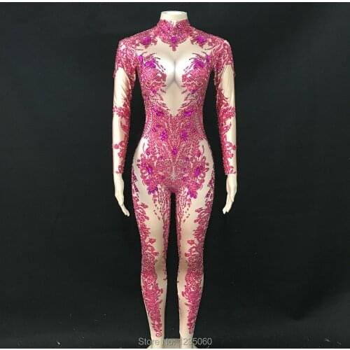 Rose Stones Sparkly Jumpsuit Fashion Spandex Stretch Shining Dance Costume One-piece Bodysuit Nightclub Outfit Party Leggings