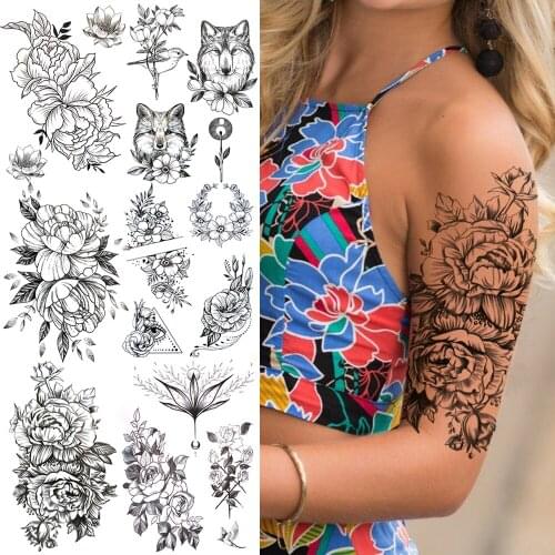 Big Peony Flower Temporary Tattoos For Women Girls Realistic Rose Lotus Orchid Flora Fake Tattoo Sticker Waterproof Tatoo Paste