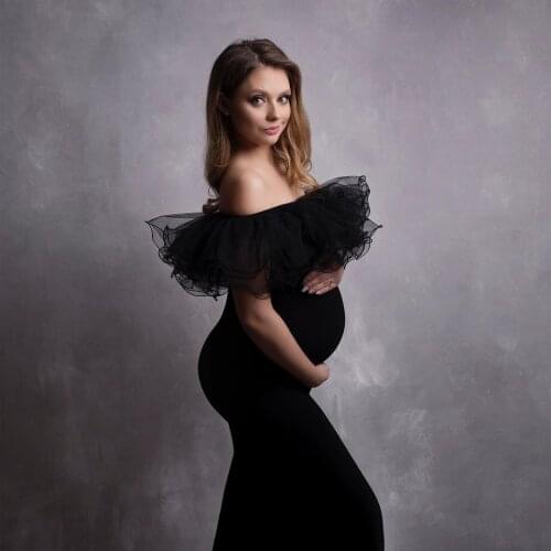 Elegant Off Shoulder Rluffles Tulle Neck Mermaid Long Pregnant Women Dresses To Photoshoot Black Maternity Dress
