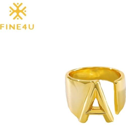 FINE4U R002 Initial Letter Open Ring Adjustable Women Statement Rings Party Alphabet Signet Rings