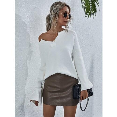 H80&S90 New Women Sweater Autumn And Winter Knitted Flare Sleeve Pullover Ladies' Jumper V-Neck Fashion Solid Tops Blouse