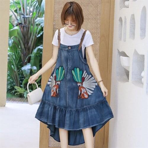 Summer Spaghetti Strap Denim Dress 2020 Women Dresses Vintage Embroidery Adjustable Suspender Dresses Q82221 Vestidos Female