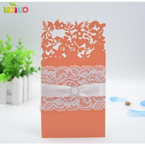 Hot orange 50pcs Classic Style Wedding Invitations Cards Custom Laser Cut Flower Printable Customizable birthday menu card