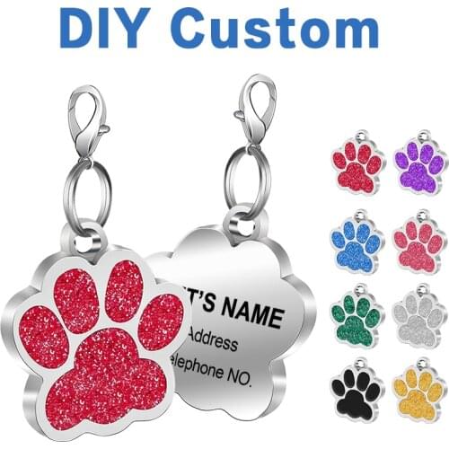 Fashion Customized Dog ID Tag Personalized for Small Dogs Rhinestone Pet Accessories Paw Foot Print Name Tag Collar Decoration
