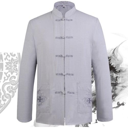 Mans Spring Autumn Long Sleeve Shirt Black Blue White Beige Gray 5 Colors Wing Chun Kung Fu Tai Chi Martial Arts Clothing