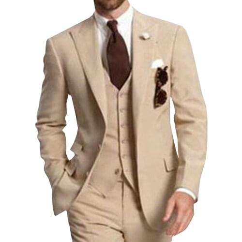 Mens Suit Formal Business Suits 3-Pieces Notch Lapel Solid Tuxedos Best Man For Wedding Groomsmen (Blazer+vest+Pants) Beige New