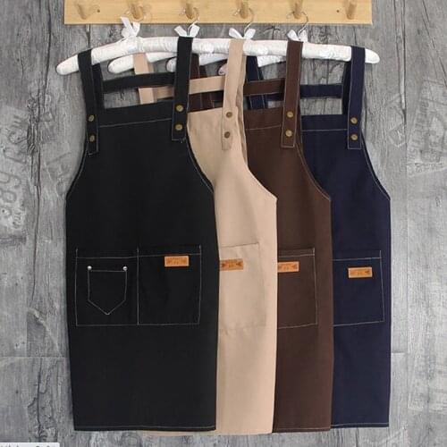 Unisex Work Apron For Men Canvas Black Apron Bib Adjustable Cooking Kitchen Aprons For Woman With Tool Pockets