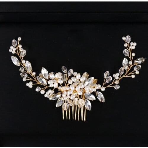 Bride Hairpin Golden Wire Women Hair Comb Wedding Hair Accessories Pearl Beads Tiara Hairband Hair Jewelry Twig Style Headpiece