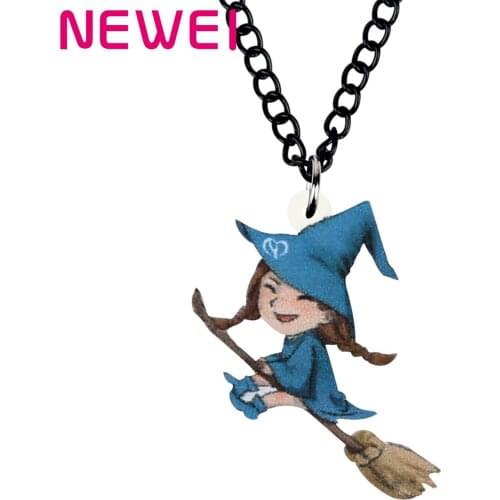Newei Acrylic Halloween Cartoon Broom Magical Witch Necklace Choker Pendant Jewelry For Women Kids Girls Fashion Gifts Accessory