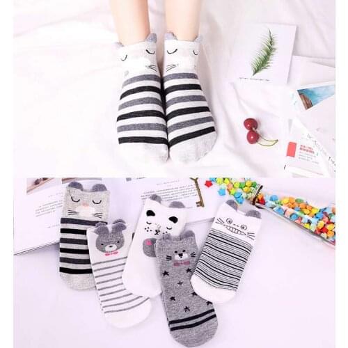 5 Pairs Lot Cotton Women Socks Female Casual Boat 3D Pack Cartoon Harajuku Animal Unicron Cat Cute Funny Happy Girl Ankle Socks