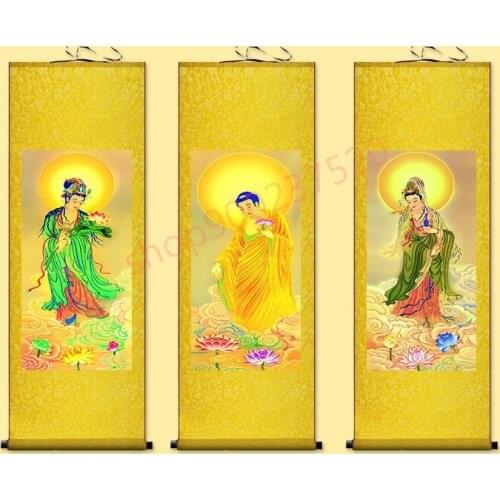 Customized) Three saints in the west portraits, Avalokitesvara to Bodhisattva, silk decorative paintings of Buddhist temples