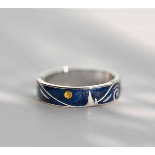 S925 Silver Plated Van Gogh Starry Sky Open Lover Rings Band Romantic Jewelry 517F
