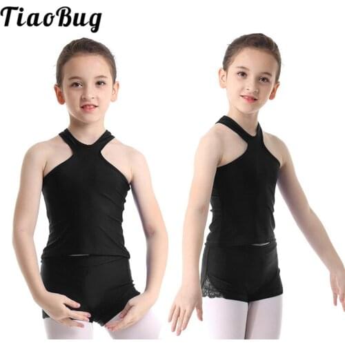 TiaoBug Kids Teens Sports Ballet Gymnastics Lace Side Shorts with Racerback Tank Top Set Children Two-piece Practice Dance Wear