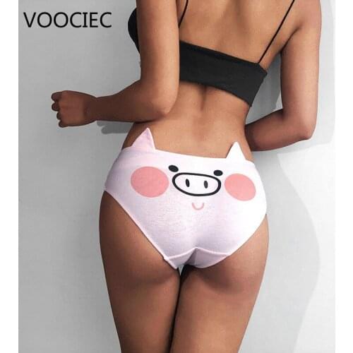VOOCIEC PinkPig Printed Panties Cotton Underwear With Ear Cute Cartoon Briefs Panties Sexy Underwear Femme Girls Thongs Knickers