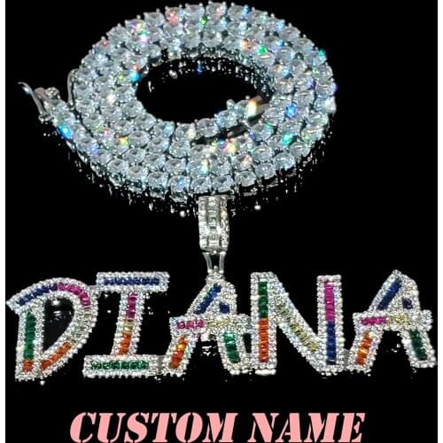 Custom Baguette Name Pendant Necklace Colorful Stones Full Iced Cubic Zirconia Hiphop Jewelry Letters Hot Trendy Jewelry