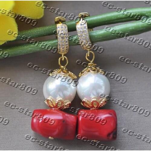 Z11267 13mm Red Baroque Coral White Shell Pearl Dangle Earring Women Fashion Jewelry