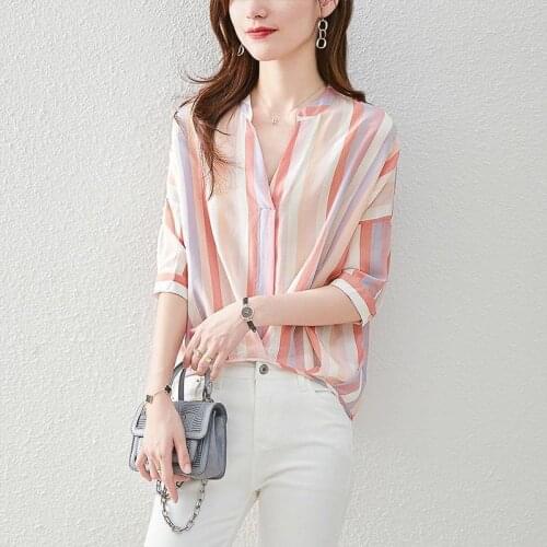 Fashion Stripe Chiffon Shirts Women V-Neck Temperament Elegant Stylish Blouses Spring Summer Ladies Loose Blusas MM0817