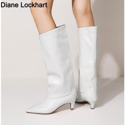 Big Size Sexy Women Hoof Heel Boots Black Fold Knee High Boots Pointed Toe Long Boot Female Loose Botas Mujer Chaussure Femme 43